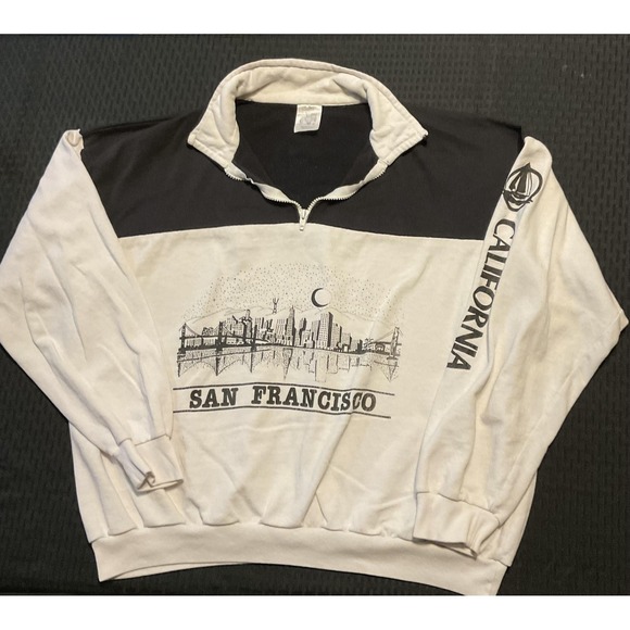 Model T Other - Vintage San Francisco Sweatshirt Mens Large White Black Quarter Zip Made USA 90s